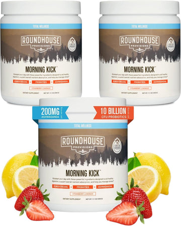 ROUNDHOUSE PROVISION Morning Kick, Zero Sugar Greens Superfood Powder Supplement with Ashwaganda, Collagen, Probiotics, Debloat Drink