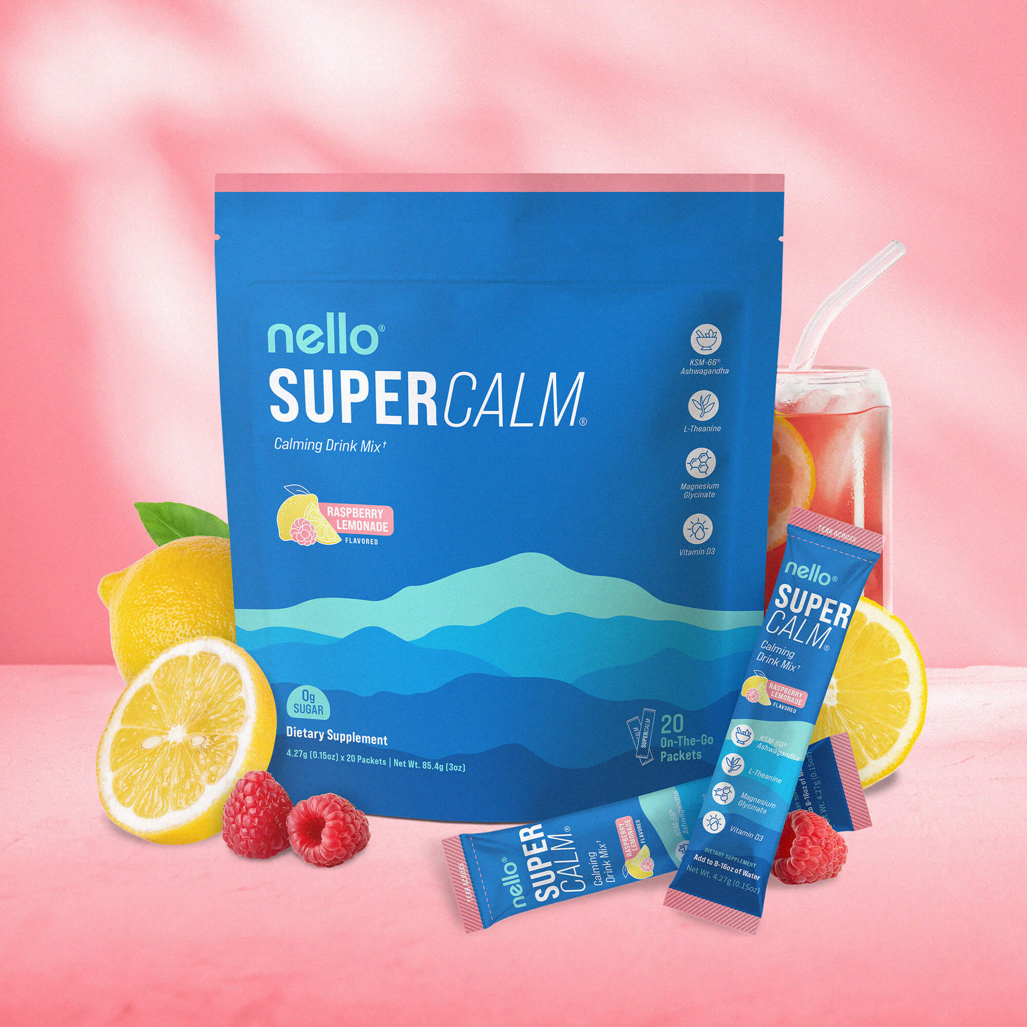 Nello Supercalm Powdered Drink Mix, Raspberry Lemonade Free Shipping