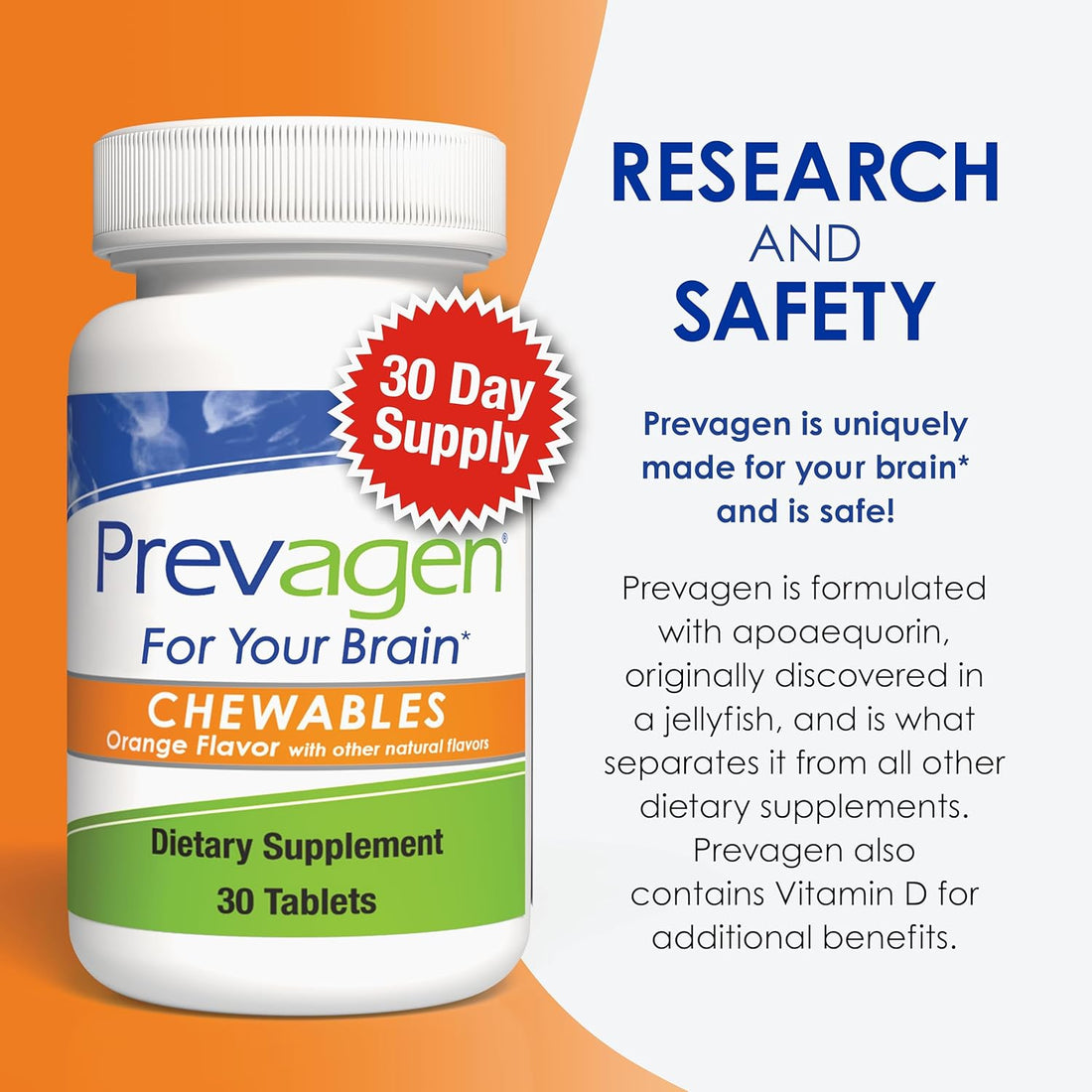 Prevagen Regular Strength 10mg, 30 Chewables |Orange| with Apoaequorin & Vitamin D & Prevagen 7-Day Pill Minder