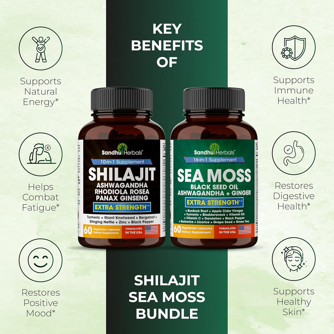 Shilajit Sea Moss Ashwagandha Combo Bundle -  120 Capsules, Seamoss for Men & Women