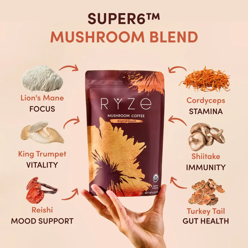 Organic RYZE Mushroom Coffee ( Bright & Smooth) ☕30 Servings |One Time Purchase, No Subscription | Free Shipping & Fast Delivery